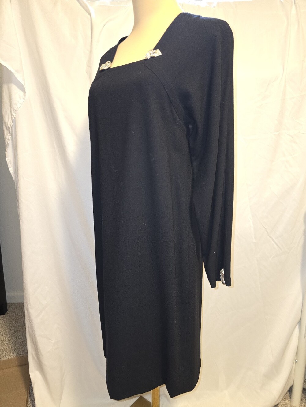 Vintage Black Long Sleeve Shift Dress with Jewel Accents